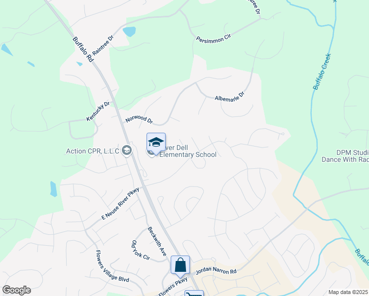map of restaurants, bars, coffee shops, grocery stores, and more near Pearsall Farm Lane in Clayton