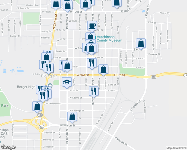 map of restaurants, bars, coffee shops, grocery stores, and more near 107 East 3rd Street in Borger