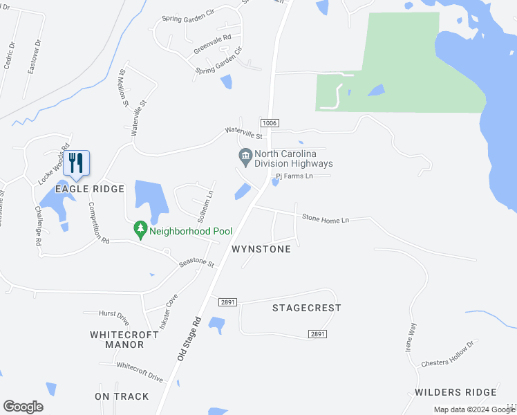 map of restaurants, bars, coffee shops, grocery stores, and more near 1250 Stone Home Lane in Raleigh
