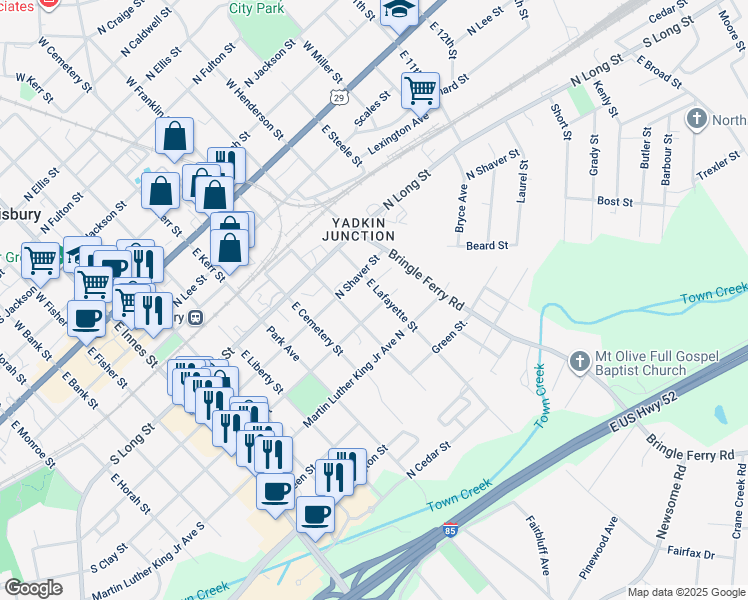 map of restaurants, bars, coffee shops, grocery stores, and more near 523 East Lafayette Street in Salisbury
