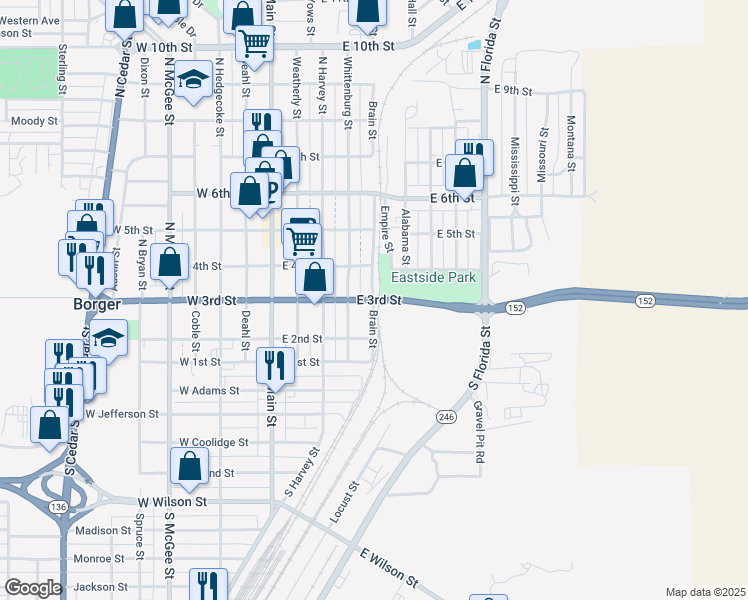 map of restaurants, bars, coffee shops, grocery stores, and more near 301 Brain Street in Borger