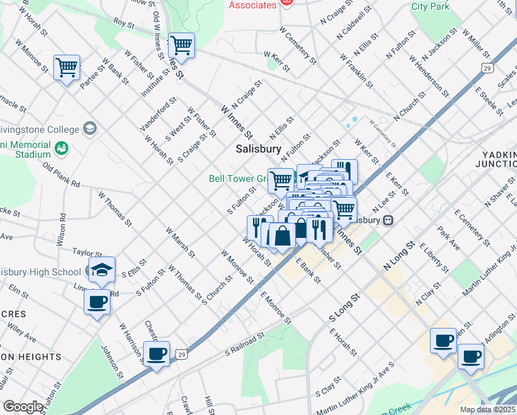 map of restaurants, bars, coffee shops, grocery stores, and more near 226 South Jackson Street in Salisbury