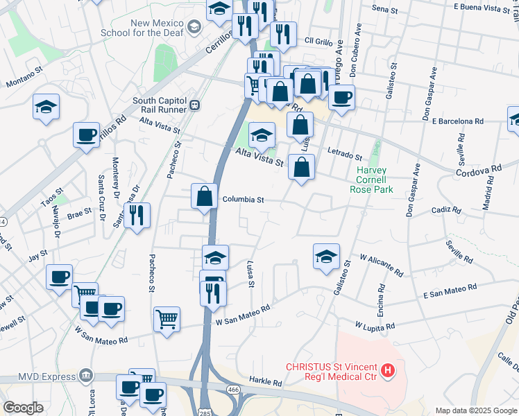 map of restaurants, bars, coffee shops, grocery stores, and more near 705 Columbia Street in Santa Fe