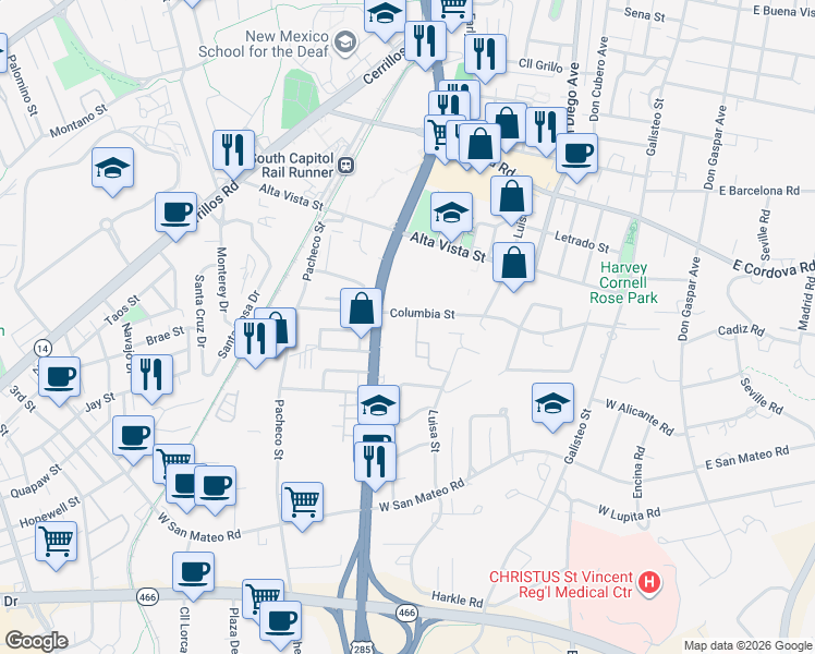 map of restaurants, bars, coffee shops, grocery stores, and more near 737 Columbia Street in Santa Fe