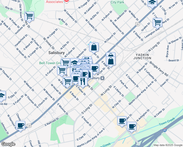 map of restaurants, bars, coffee shops, grocery stores, and more near 123 East Liberty Street in Salisbury