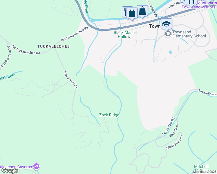 map of restaurants, bars, coffee shops, grocery stores, and more near 257 Black Mash Hollow Road in Townsend
