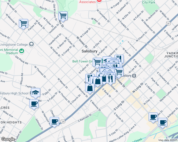 map of restaurants, bars, coffee shops, grocery stores, and more near 226 South Jackson Street in Salisbury