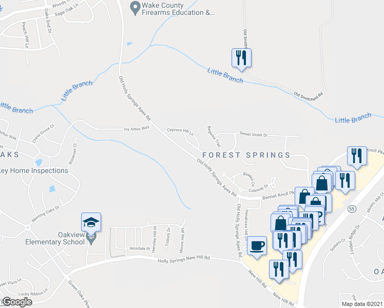 map of restaurants, bars, coffee shops, grocery stores, and more near 4325 Old Holly Springs Apex Road in Apex