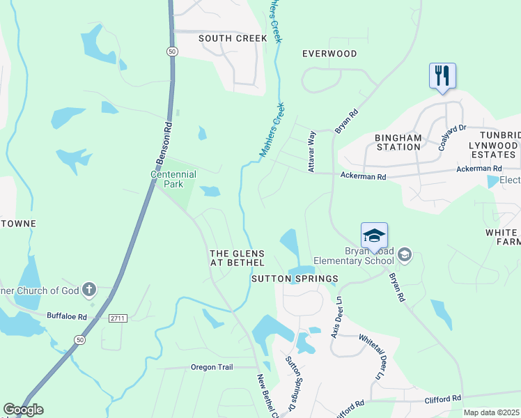 map of restaurants, bars, coffee shops, grocery stores, and more near 191 Valleycruise Circle in Garner