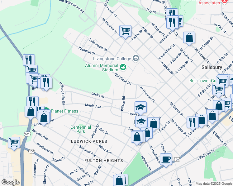 map of restaurants, bars, coffee shops, grocery stores, and more near 721 Wilson Road in Salisbury