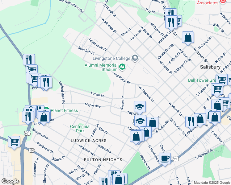 map of restaurants, bars, coffee shops, grocery stores, and more near 410 Grace Street in Salisbury