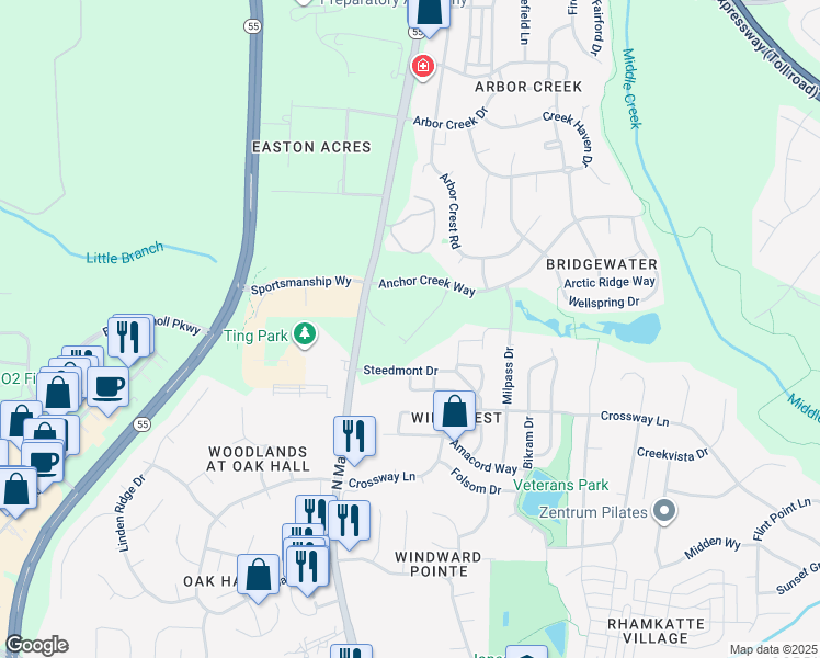 map of restaurants, bars, coffee shops, grocery stores, and more near 116 Cobalt Creek Way in Holly Springs