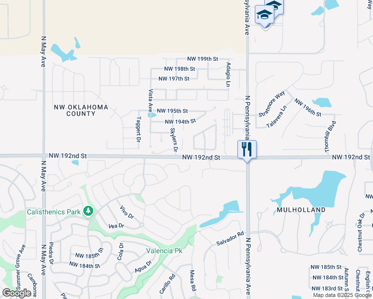 map of restaurants, bars, coffee shops, grocery stores, and more near 19400 Thomas Court in Edmond