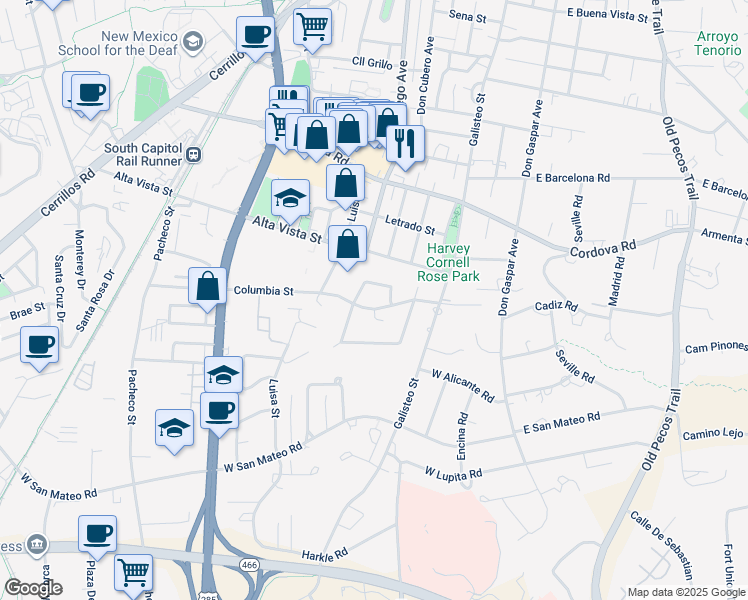 map of restaurants, bars, coffee shops, grocery stores, and more near 1467 Miracerros Loop North in Santa Fe