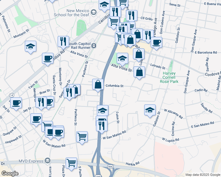 map of restaurants, bars, coffee shops, grocery stores, and more near 737 Columbia Street in Santa Fe