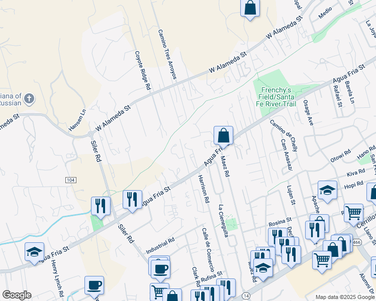 map of restaurants, bars, coffee shops, grocery stores, and more near 2743 Boylan Circle in Santa Fe
