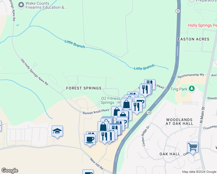 map of restaurants, bars, coffee shops, grocery stores, and more near 204 Vinewood Place in Holly Springs