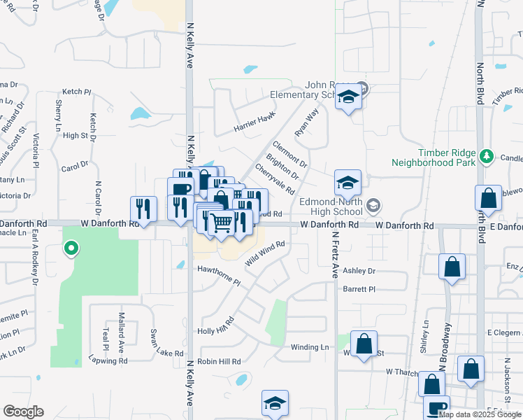 map of restaurants, bars, coffee shops, grocery stores, and more near 513 Nimrod Road in Edmond