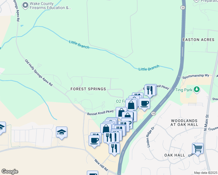 map of restaurants, bars, coffee shops, grocery stores, and more near 116 Vinewood Place in Holly Springs