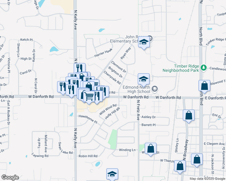 map of restaurants, bars, coffee shops, grocery stores, and more near 409 Nimrod Road in Edmond
