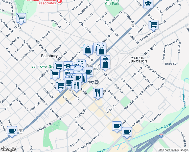 map of restaurants, bars, coffee shops, grocery stores, and more near 300 North Lee Street in Salisbury