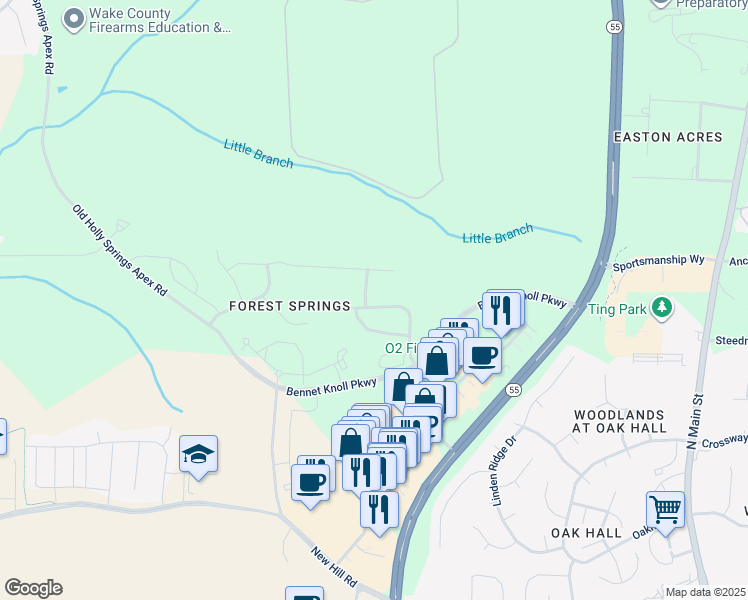 map of restaurants, bars, coffee shops, grocery stores, and more near 204 Vinewood Place in Holly Springs