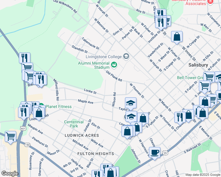 map of restaurants, bars, coffee shops, grocery stores, and more near Wilson Road in Salisbury