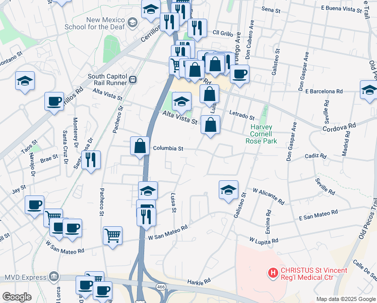 map of restaurants, bars, coffee shops, grocery stores, and more near 705 Columbia Street in Santa Fe