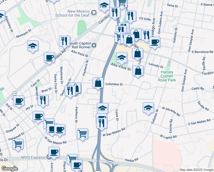 map of restaurants, bars, coffee shops, grocery stores, and more near 737 Columbia Street in Santa Fe