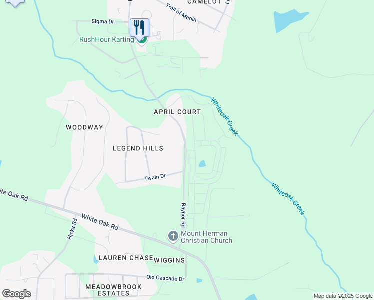 map of restaurants, bars, coffee shops, grocery stores, and more near 5636 Raynor Road in Garner