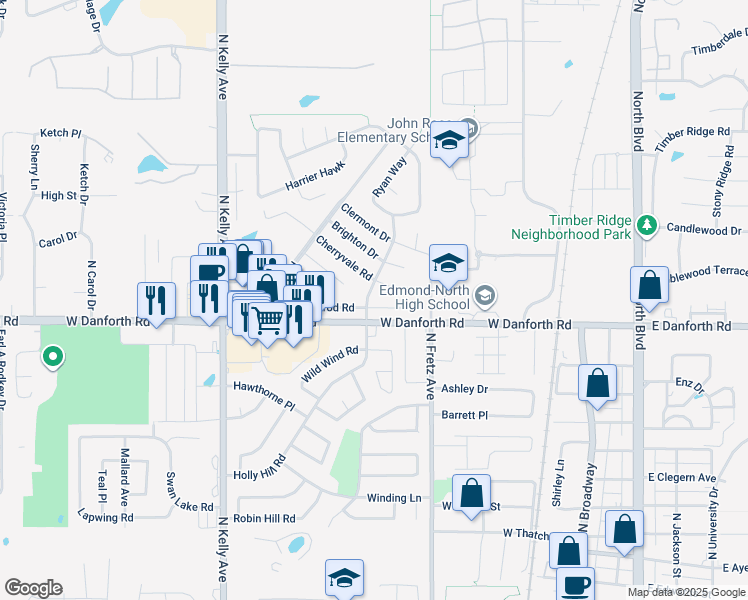 map of restaurants, bars, coffee shops, grocery stores, and more near 332 Cherryvale Road in Edmond