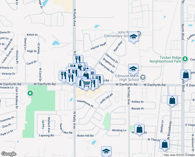 map of restaurants, bars, coffee shops, grocery stores, and more near 608 Jasmine Place in Edmond