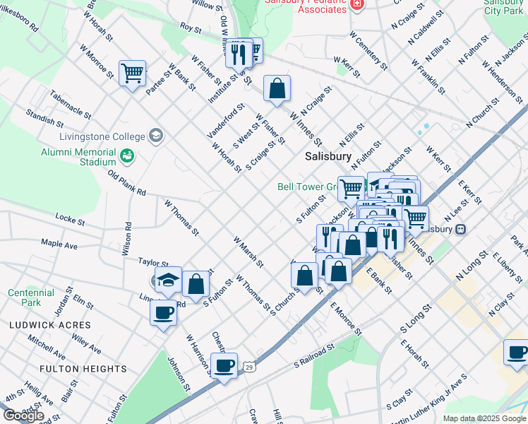 map of restaurants, bars, coffee shops, grocery stores, and more near 412 North Ellis Street in Salisbury