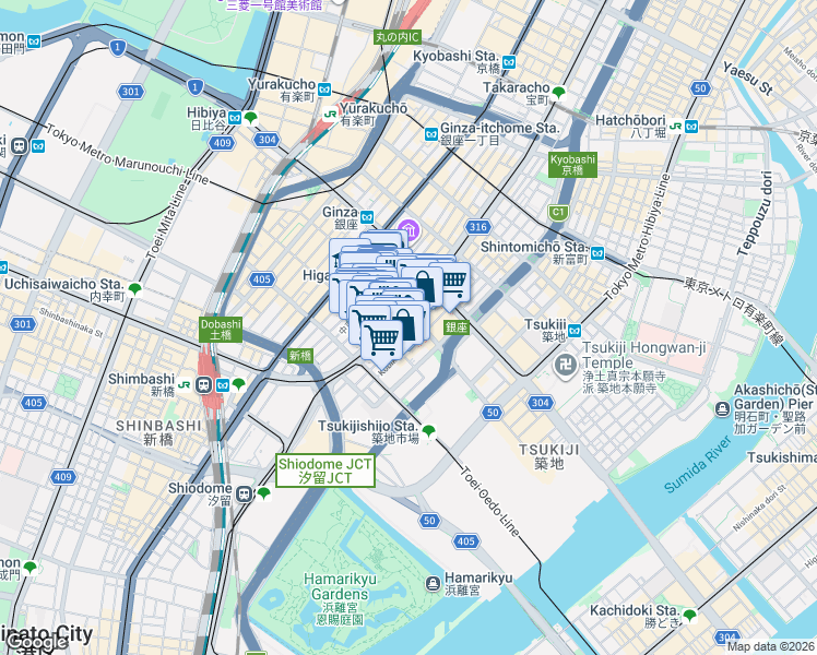 map of restaurants, bars, coffee shops, grocery stores, and more near in Chuo City
