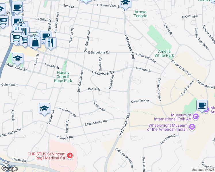 map of restaurants, bars, coffee shops, grocery stores, and more near 1315 Madrid Road in Santa Fe
