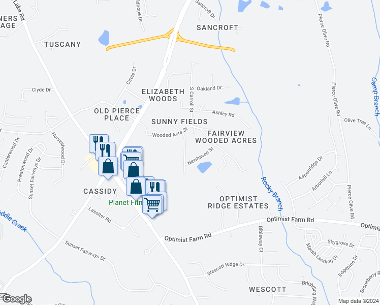 map of restaurants, bars, coffee shops, grocery stores, and more near 106 North Bell Haven Street in Apex