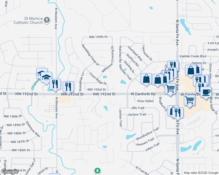 map of restaurants, bars, coffee shops, grocery stores, and more near 19408 Crest Ridge Drive in Edmond