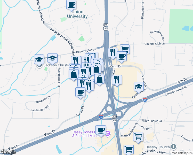 map of restaurants, bars, coffee shops, grocery stores, and more near 1032a Vann Drive in Jackson