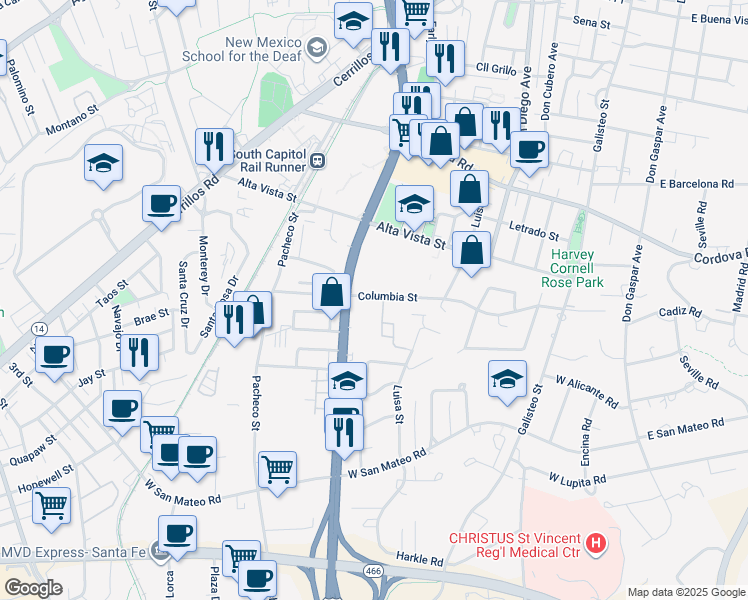 map of restaurants, bars, coffee shops, grocery stores, and more near 737 Columbia Street in Santa Fe