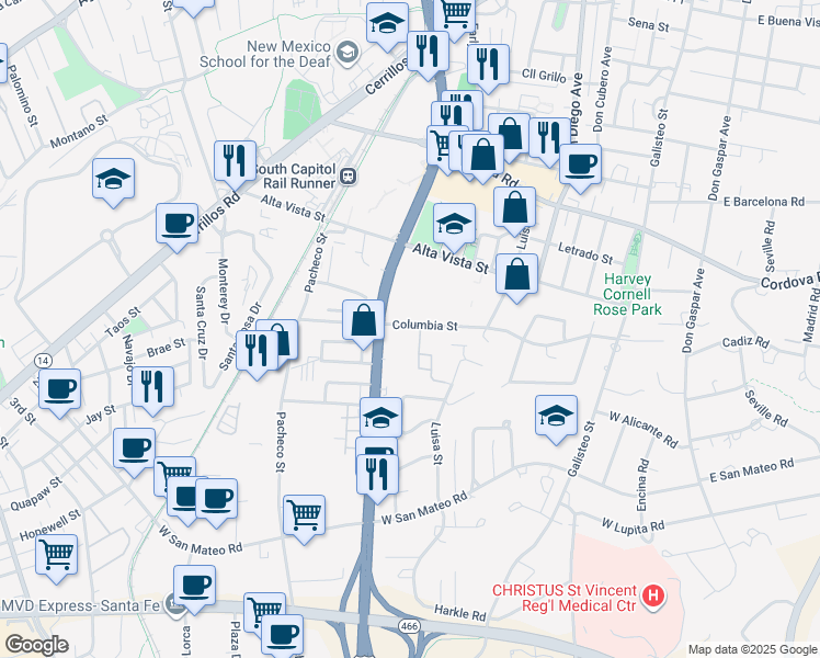 map of restaurants, bars, coffee shops, grocery stores, and more near 737 Columbia Street in Santa Fe