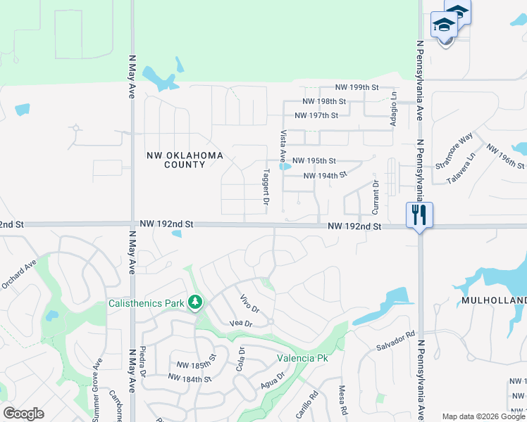 map of restaurants, bars, coffee shops, grocery stores, and more near 19409 Vista Avenue in Edmond