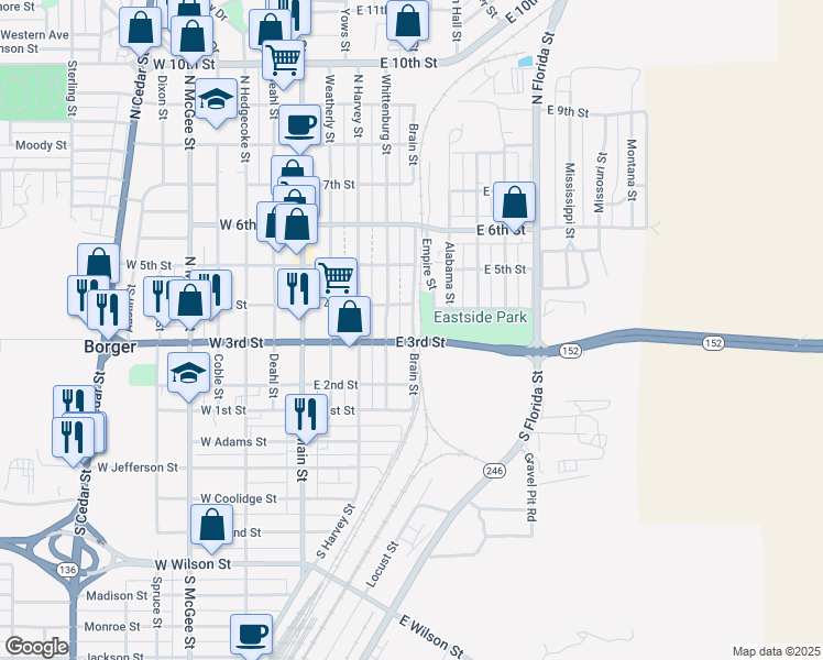 map of restaurants, bars, coffee shops, grocery stores, and more near 301-399 Brain Street in Borger