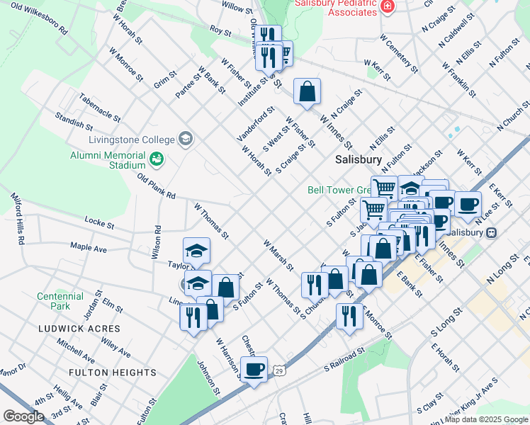map of restaurants, bars, coffee shops, grocery stores, and more near 601 West Monroe Street in Salisbury