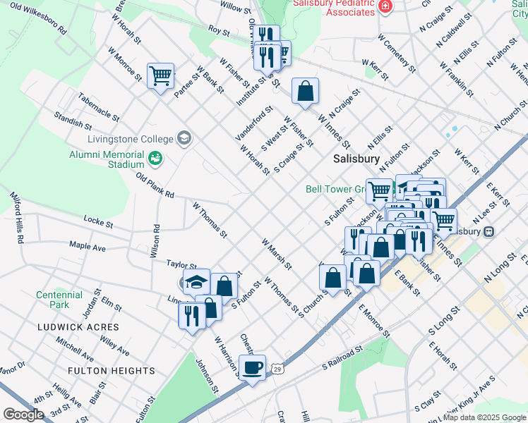map of restaurants, bars, coffee shops, grocery stores, and more near 601 West Monroe Street in Salisbury