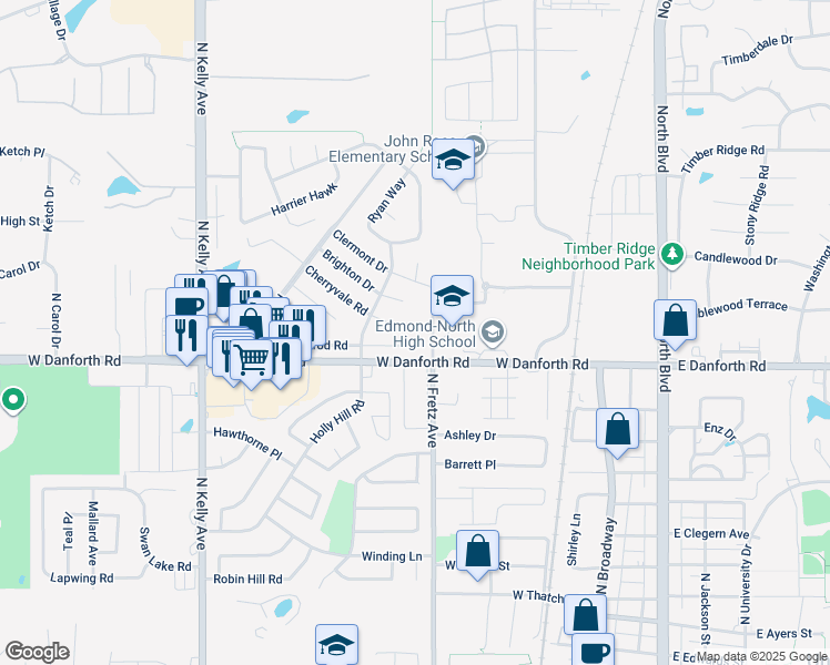 map of restaurants, bars, coffee shops, grocery stores, and more near 304 Cherryvale Road in Edmond