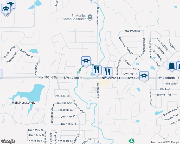 map of restaurants, bars, coffee shops, grocery stores, and more near 19201 North Western Avenue in Edmond
