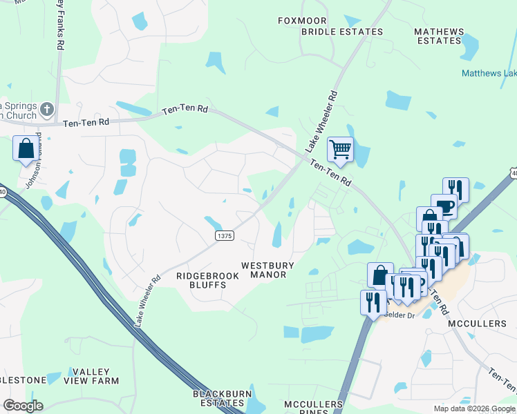 map of restaurants, bars, coffee shops, grocery stores, and more near 8080 Lake Wheeler Road in Fuquay-Varina