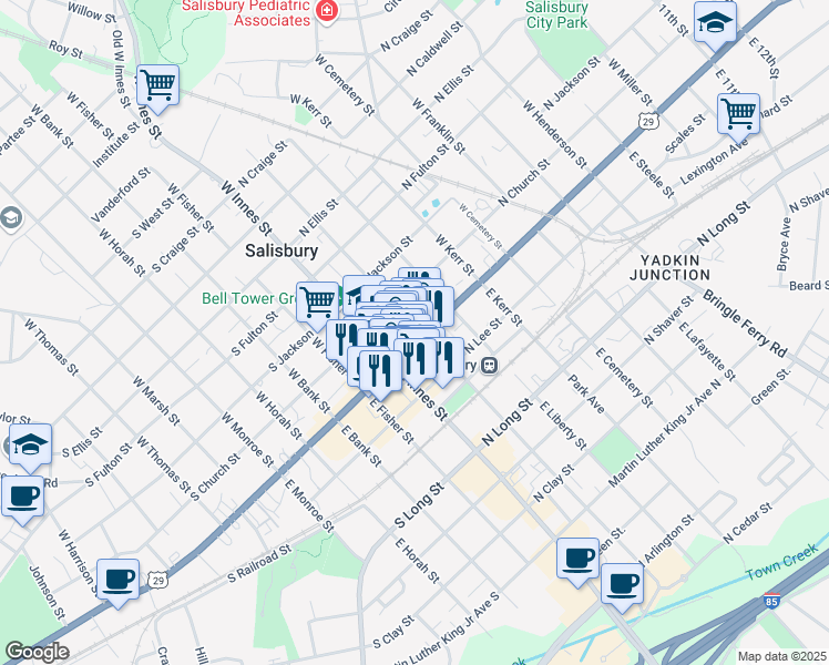 map of restaurants, bars, coffee shops, grocery stores, and more near 132 North Main Street in Salisbury
