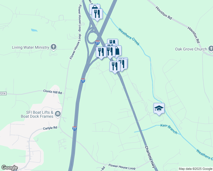 map of restaurants, bars, coffee shops, grocery stores, and more near 110 Lexus Drive in Troutman