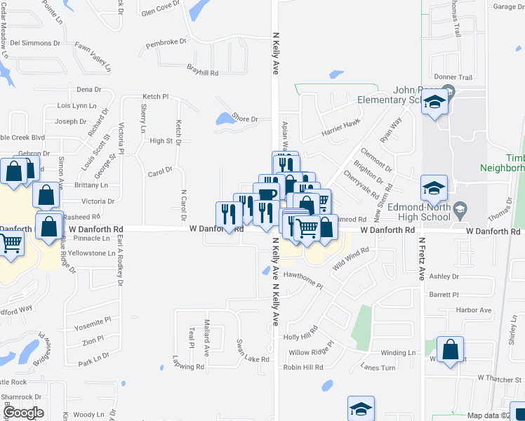 map of restaurants, bars, coffee shops, grocery stores, and more near 1401 North Kelly Avenue in Edmond